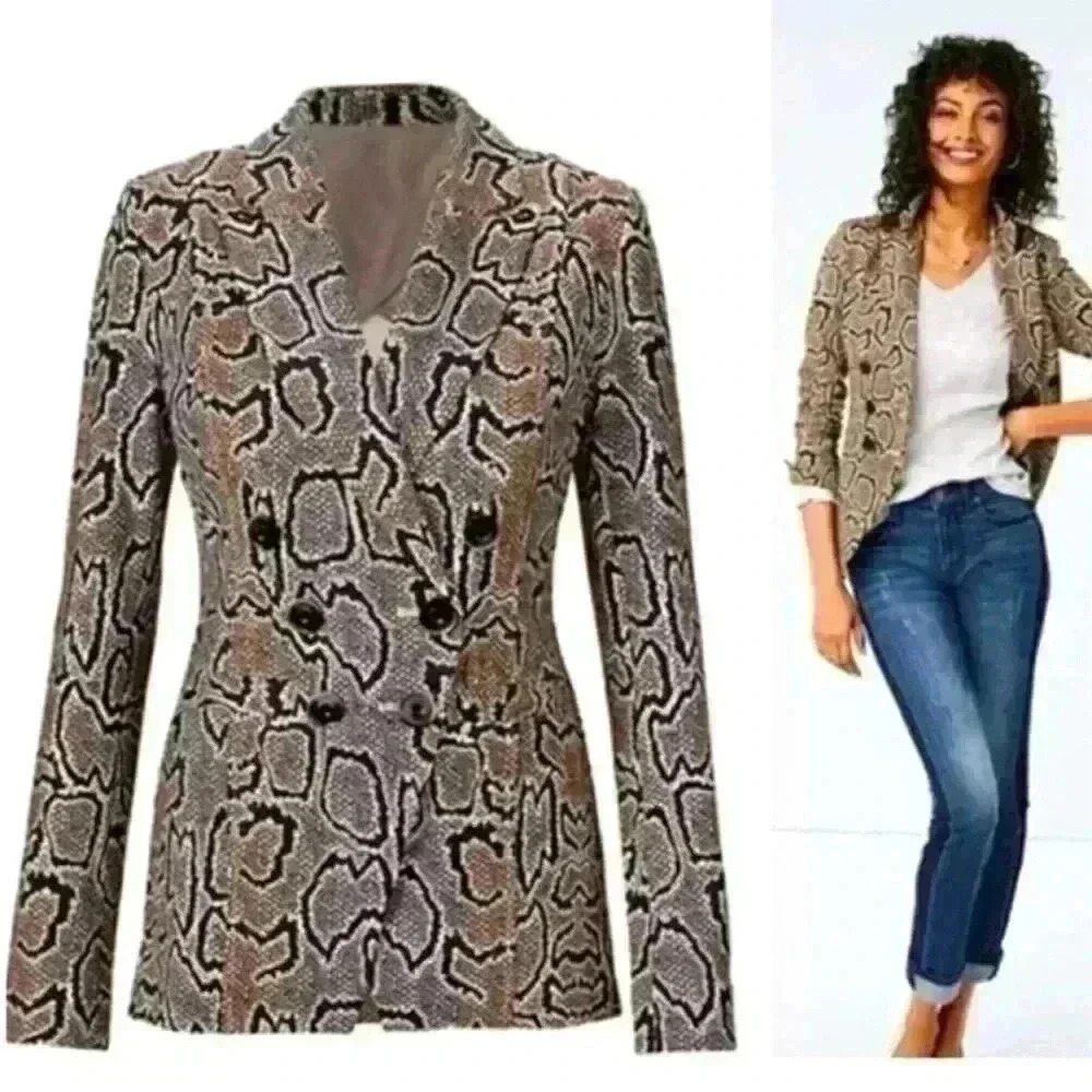 CAbi Women's Double Breasted Snake Print Business Casual Blazer Size 8